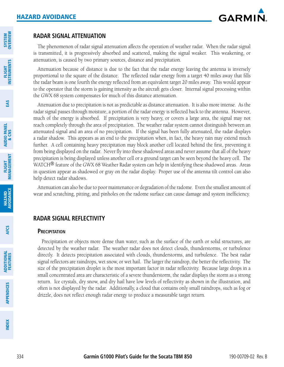 Hazard avoidance, Radar signal attenuation, Radar signal reflectivity p | Garmin G1000 Socata TBM 850 User Manual | Page 348 / 600