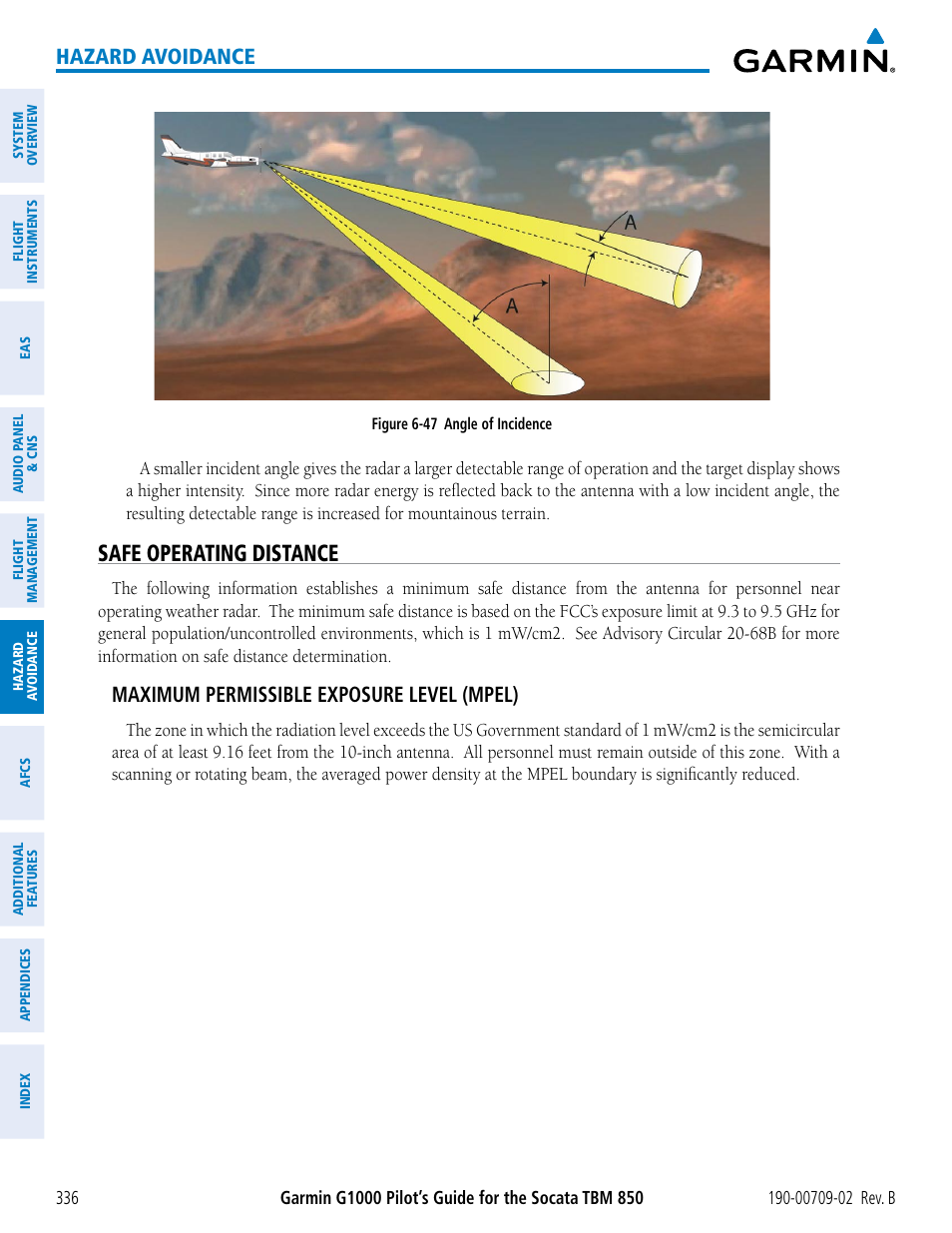 Safe operating distance, Hazard avoidance, Maximum permissible exposure level (mpel) | Garmin G1000 Socata TBM 850 User Manual | Page 350 / 600