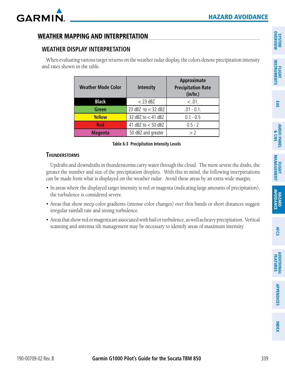 Weather mapping and interpretation, Hazard avoidance, Weather display interpretation | Garmin G1000 Socata TBM 850 User Manual | Page 353 / 600