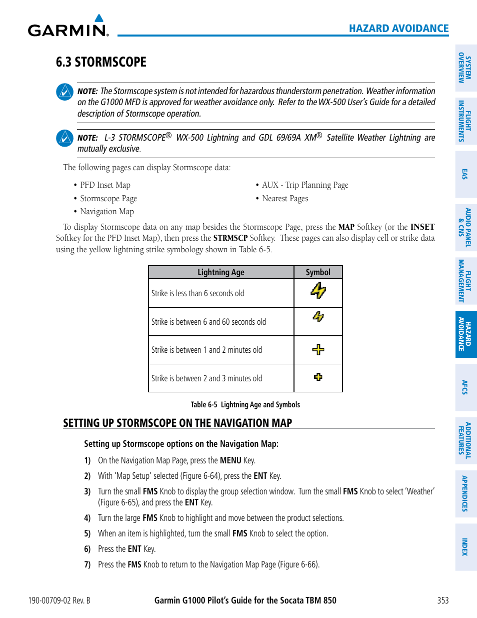 3 stormscope, Setting up stormscope on the navigation map, Hazard avoidance | Garmin G1000 Socata TBM 850 User Manual | Page 367 / 600