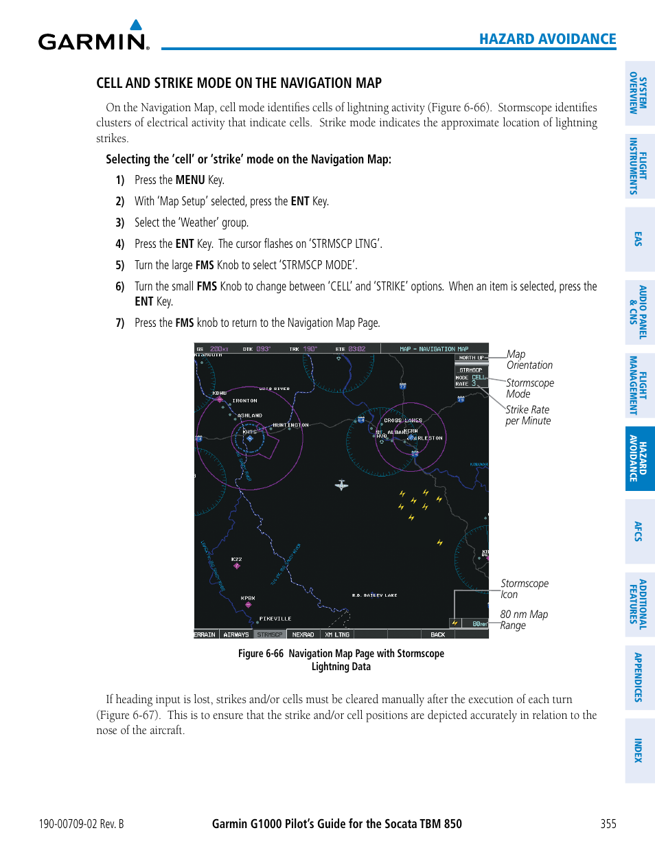 Hazard avoidance, Cell and strike mode on the navigation map | Garmin G1000 Socata TBM 850 User Manual | Page 369 / 600