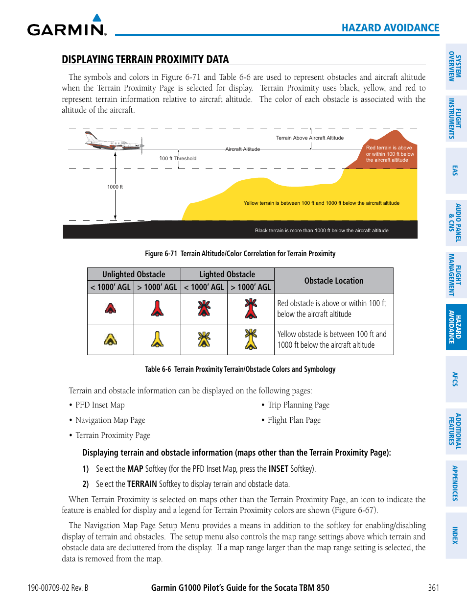 Displaying terrain proximity data, Hazard avoidance | Garmin G1000 Socata TBM 850 User Manual | Page 375 / 600