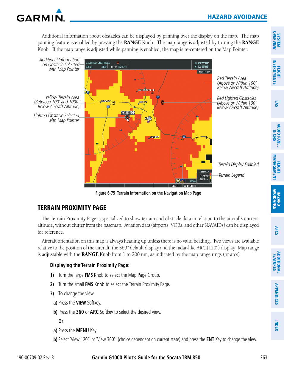 Terrain proximity page, Hazard avoidance | Garmin G1000 Socata TBM 850 User Manual | Page 377 / 600