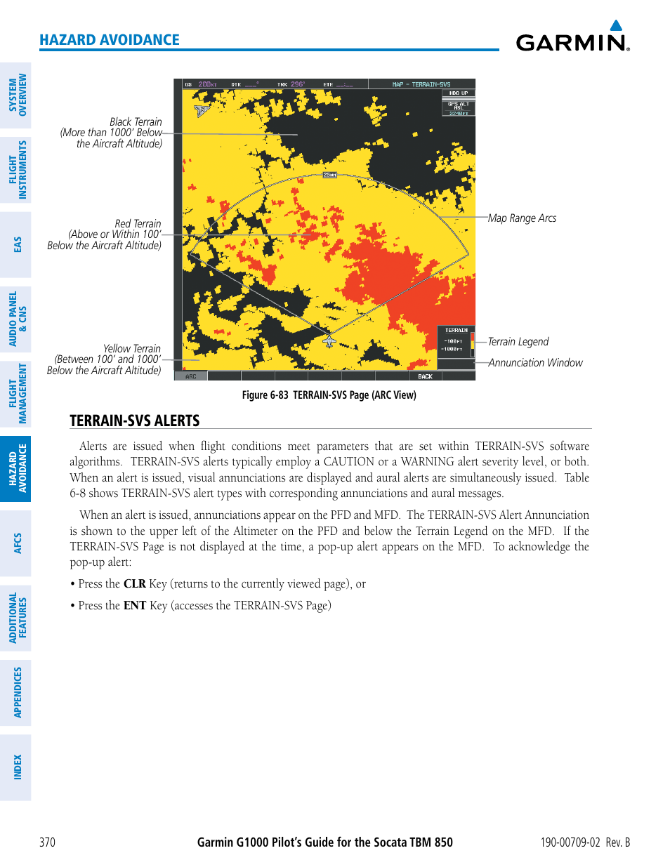 Terrain-svs alerts, Hazard avoidance | Garmin G1000 Socata TBM 850 User Manual | Page 384 / 600