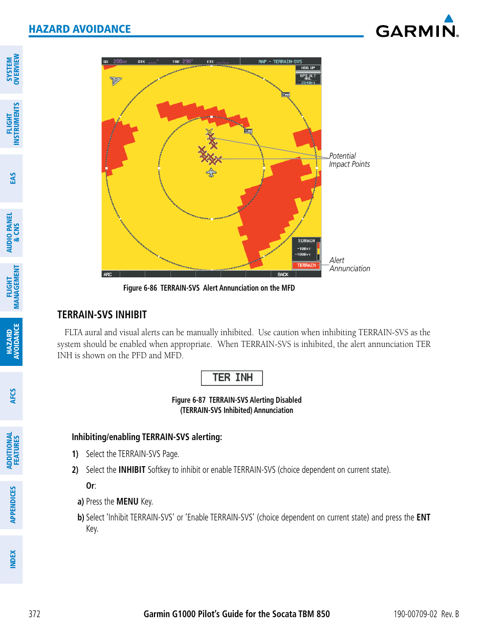 Hazard avoidance, Terrain-svs inhibit | Garmin G1000 Socata TBM 850 User Manual | Page 386 / 600