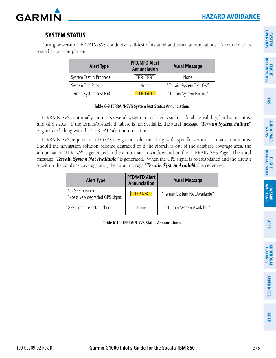 System status, Hazard avoidance | Garmin G1000 Socata TBM 850 User Manual | Page 389 / 600