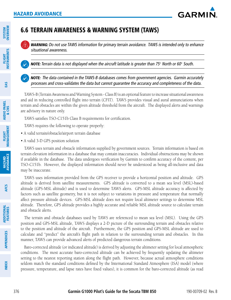 6 terrain awareness & warning system (taws), 6 terrain awareness & warning system (taws) . 376, Hazard avoidance | Garmin G1000 Socata TBM 850 User Manual | Page 390 / 600