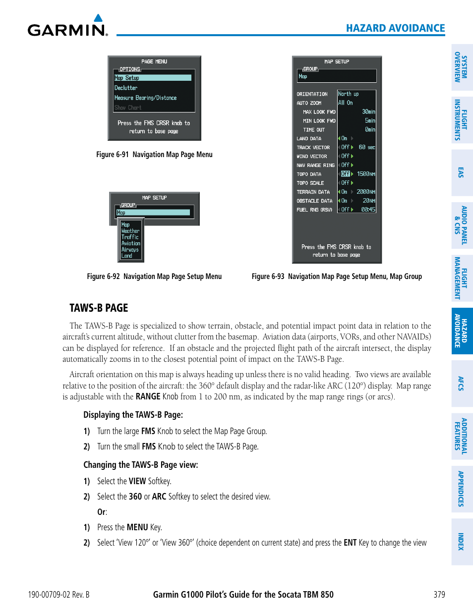 Taws-b page, Hazard avoidance | Garmin G1000 Socata TBM 850 User Manual | Page 393 / 600