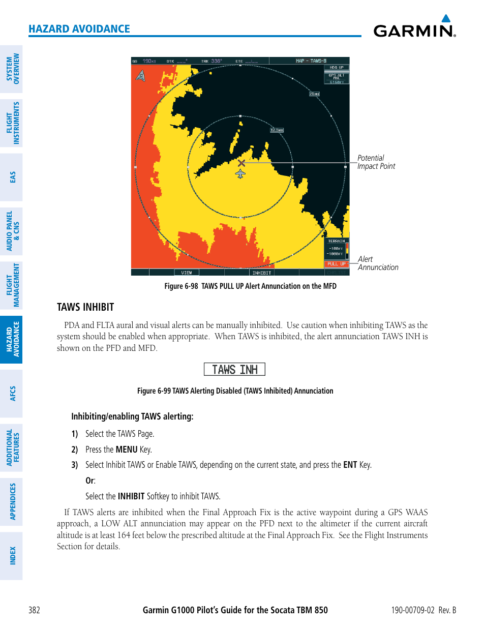 Hazard avoidance, Taws inhibit | Garmin G1000 Socata TBM 850 User Manual | Page 396 / 600