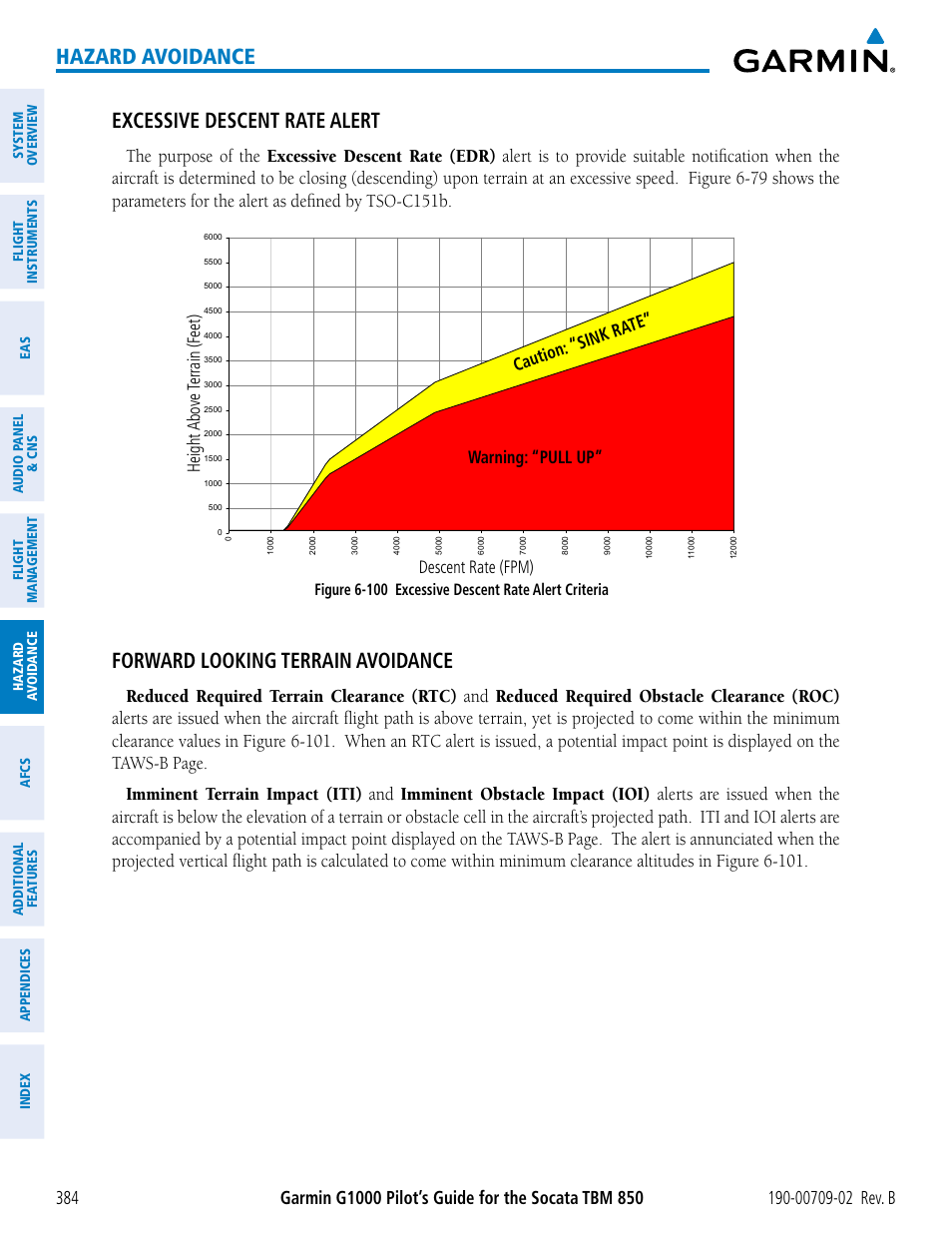 Hazard avoidance, Excessive descent rate alert, Forward looking terrain avoidance | Figure 6-100 excessive descent rate alert criteria | Garmin G1000 Socata TBM 850 User Manual | Page 398 / 600