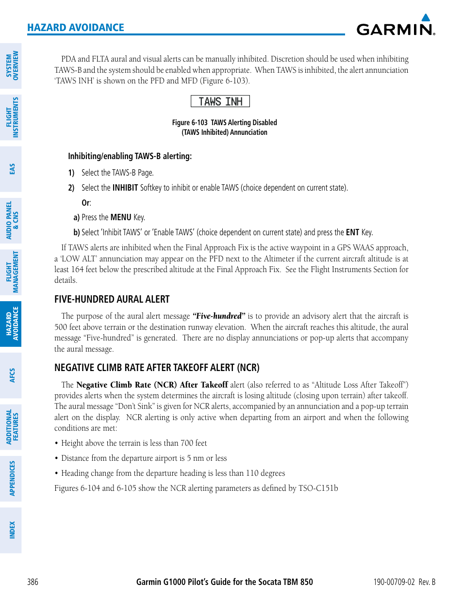 Hazard avoidance, Five-hundred aural alert, Negative climb rate after takeoff alert (ncr) | Garmin G1000 Socata TBM 850 User Manual | Page 400 / 600