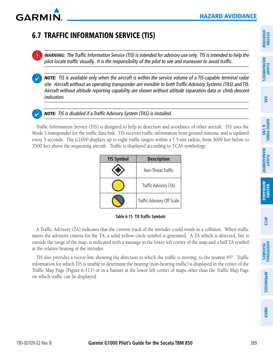 7 traffic information service (tis), Hazard avoidance | Garmin G1000 Socata TBM 850 User Manual | Page 403 / 600