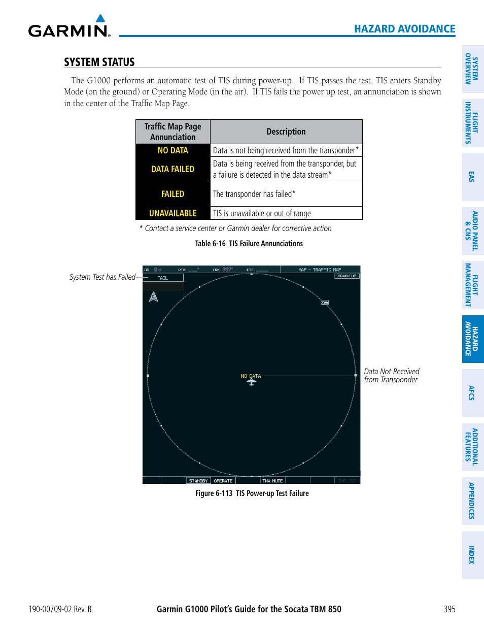 System status, Hazard avoidance | Garmin G1000 Socata TBM 850 User Manual | Page 409 / 600