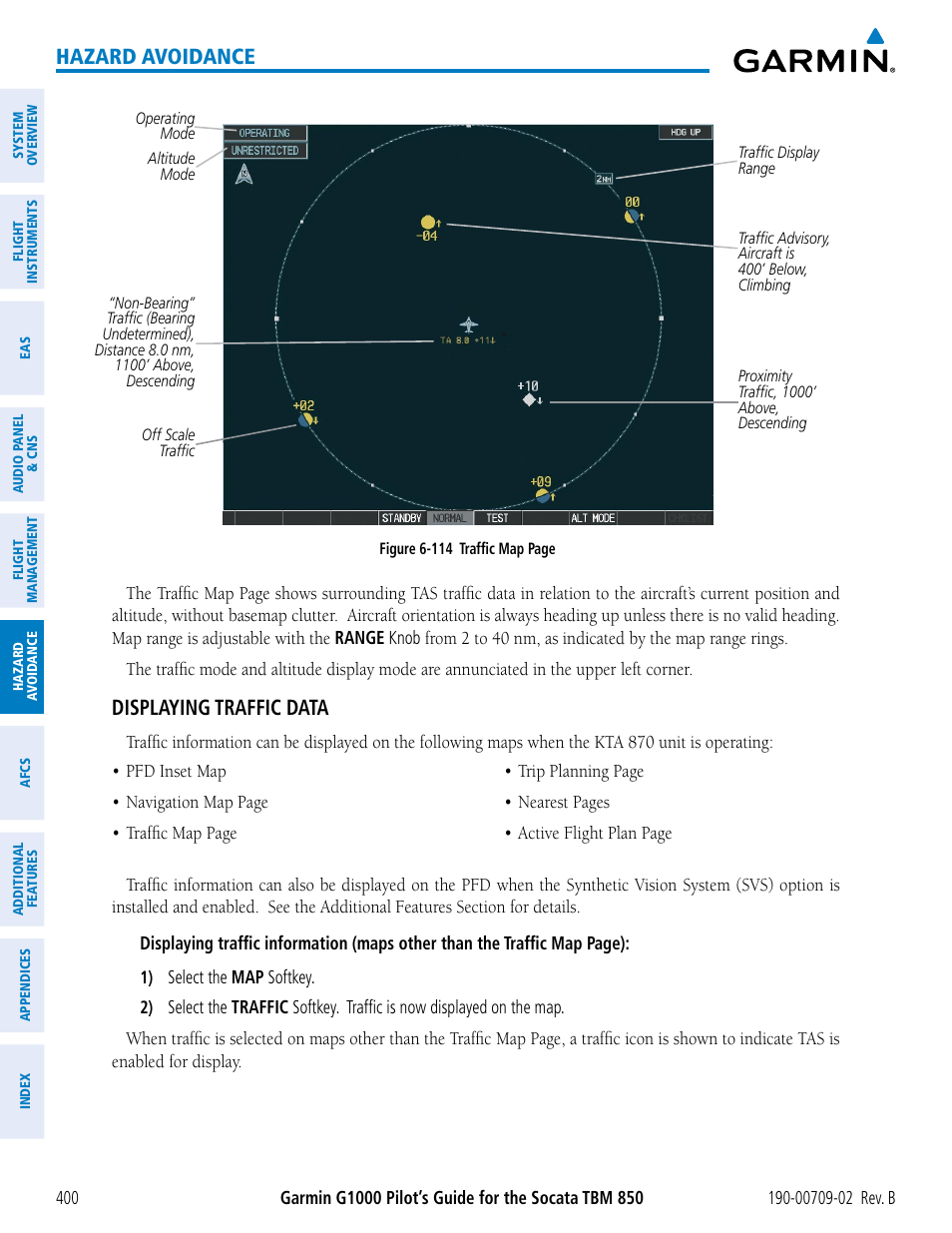 Hazard avoidance, Displaying traffic data | Garmin G1000 Socata TBM 850 User Manual | Page 414 / 600