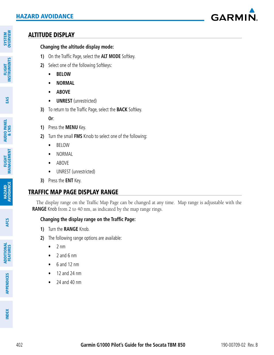 Altitude display, Traffic map page display range, Hazard avoidance | Garmin G1000 Socata TBM 850 User Manual | Page 416 / 600