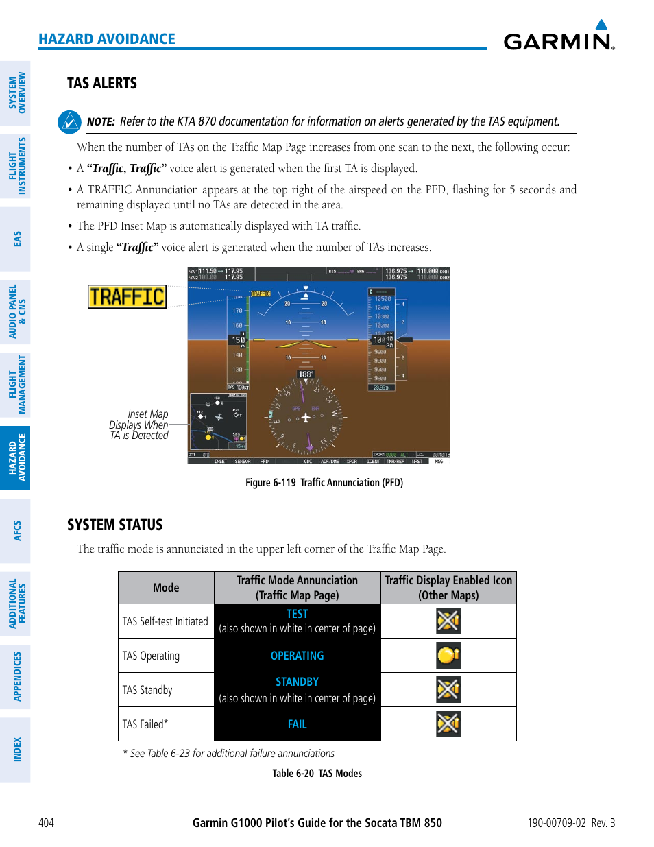 Tas alerts, System status, Hazard avoidance | Garmin G1000 Socata TBM 850 User Manual | Page 418 / 600