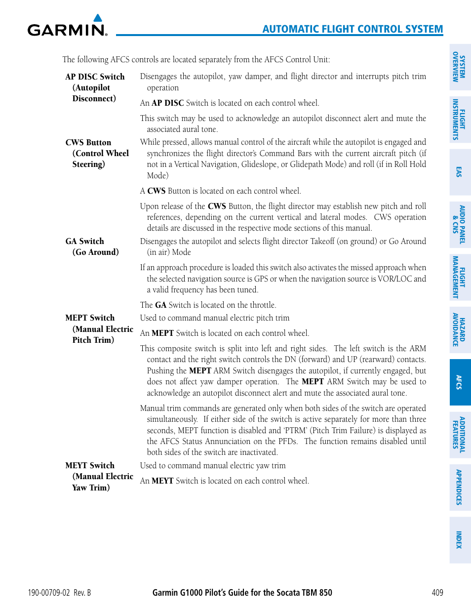 Automatic flight control system | Garmin G1000 Socata TBM 850 User Manual | Page 423 / 600