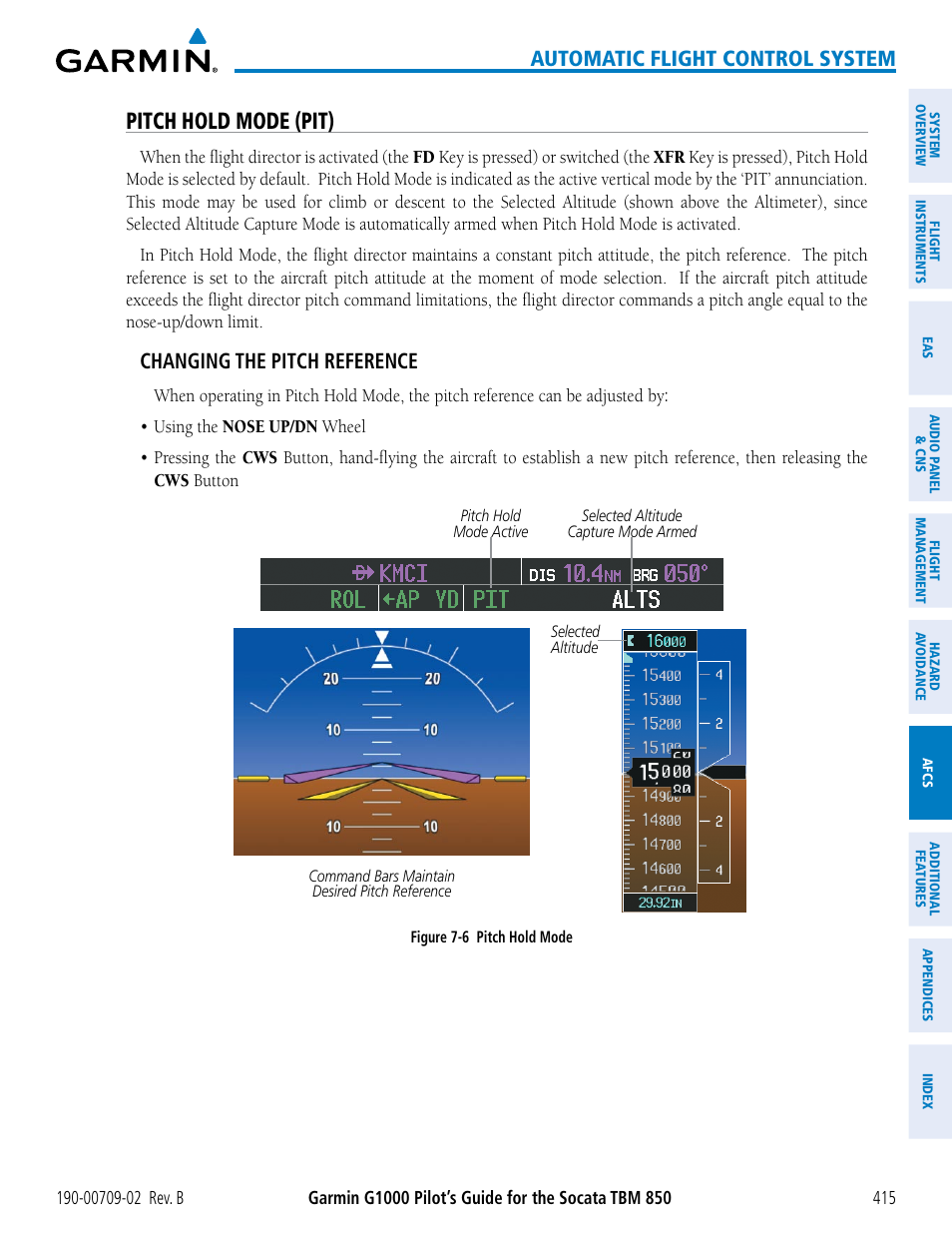 Pitch hold mode (pit), Automatic flight control system, Changing the pitch reference | Garmin G1000 Socata TBM 850 User Manual | Page 429 / 600