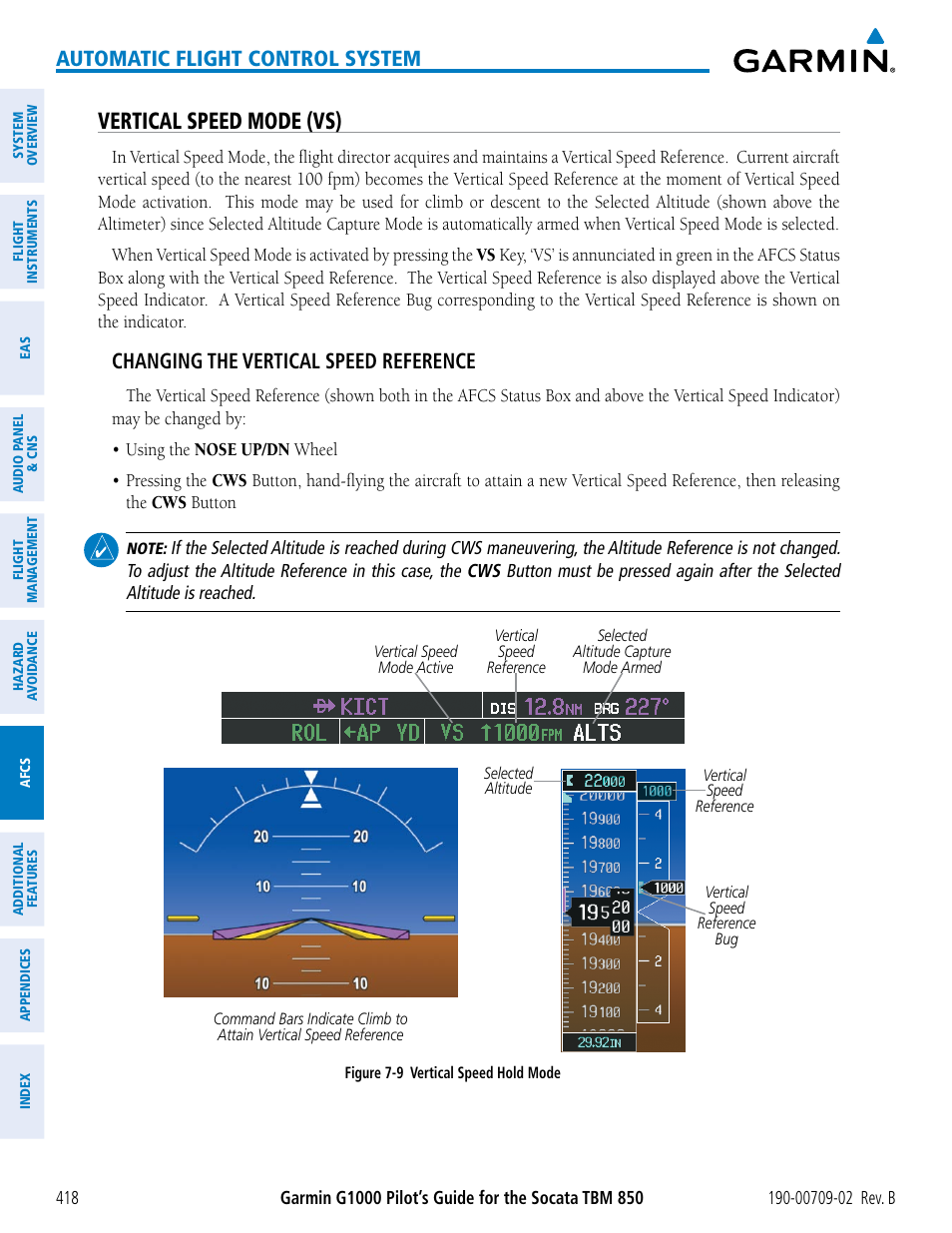 Vertical speed mode (vs), Automatic flight control system, Changing the vertical speed reference | Garmin G1000 Socata TBM 850 User Manual | Page 432 / 600