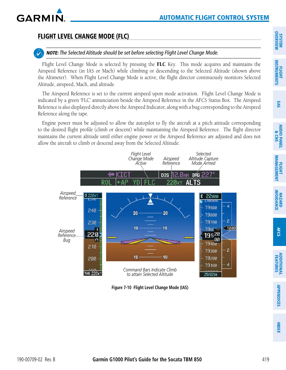 Flight level change mode (flc), Automatic flight control system | Garmin G1000 Socata TBM 850 User Manual | Page 433 / 600