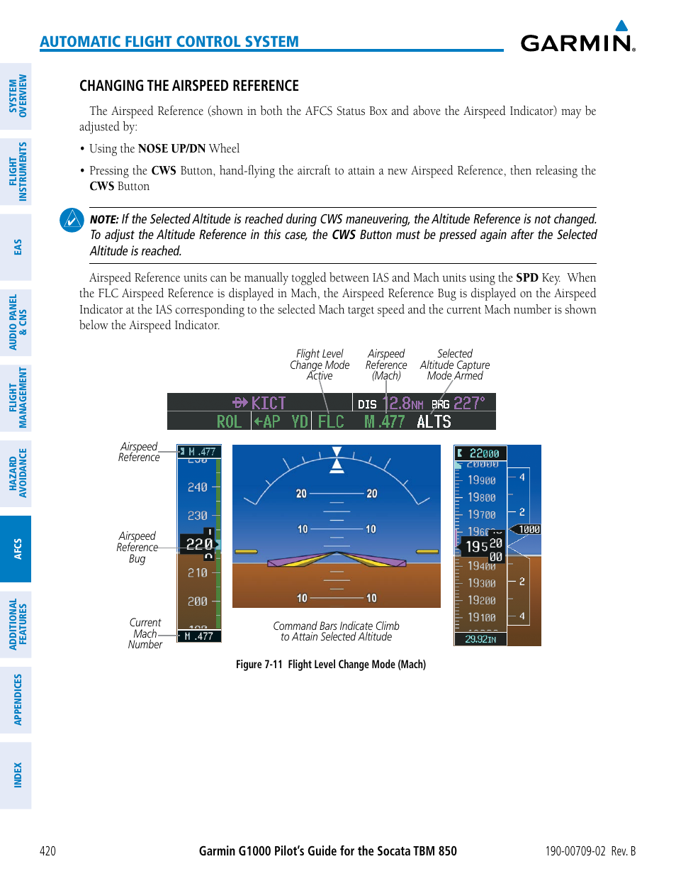 Automatic flight control system, Changing the airspeed reference | Garmin G1000 Socata TBM 850 User Manual | Page 434 / 600