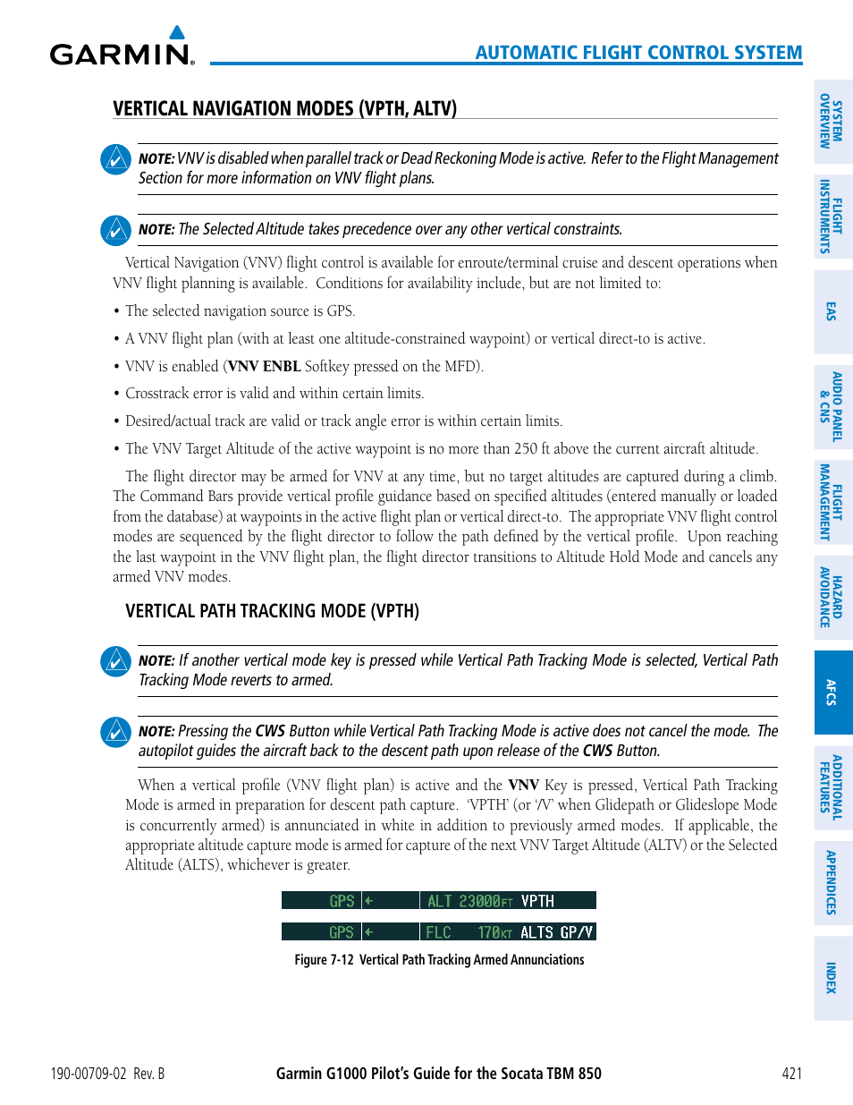 Vertical navigation modes (vpth, altv), Automatic flight control system, Vertical path tracking mode (vpth) | Garmin G1000 Socata TBM 850 User Manual | Page 435 / 600