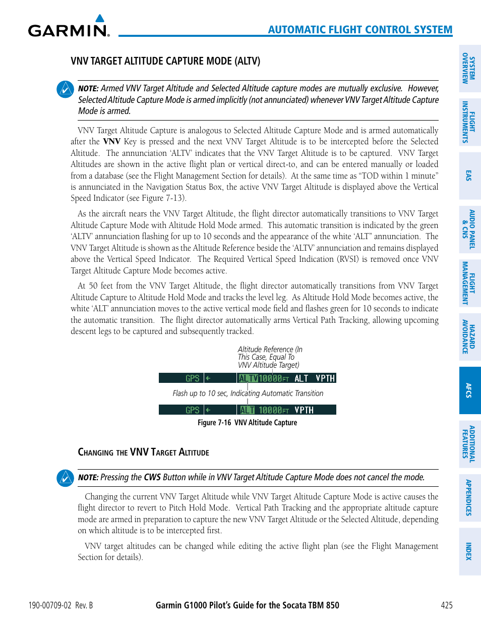 Automatic flight control system, Vnv target altitude capture mode (altv), Vnv t | Garmin G1000 Socata TBM 850 User Manual | Page 439 / 600