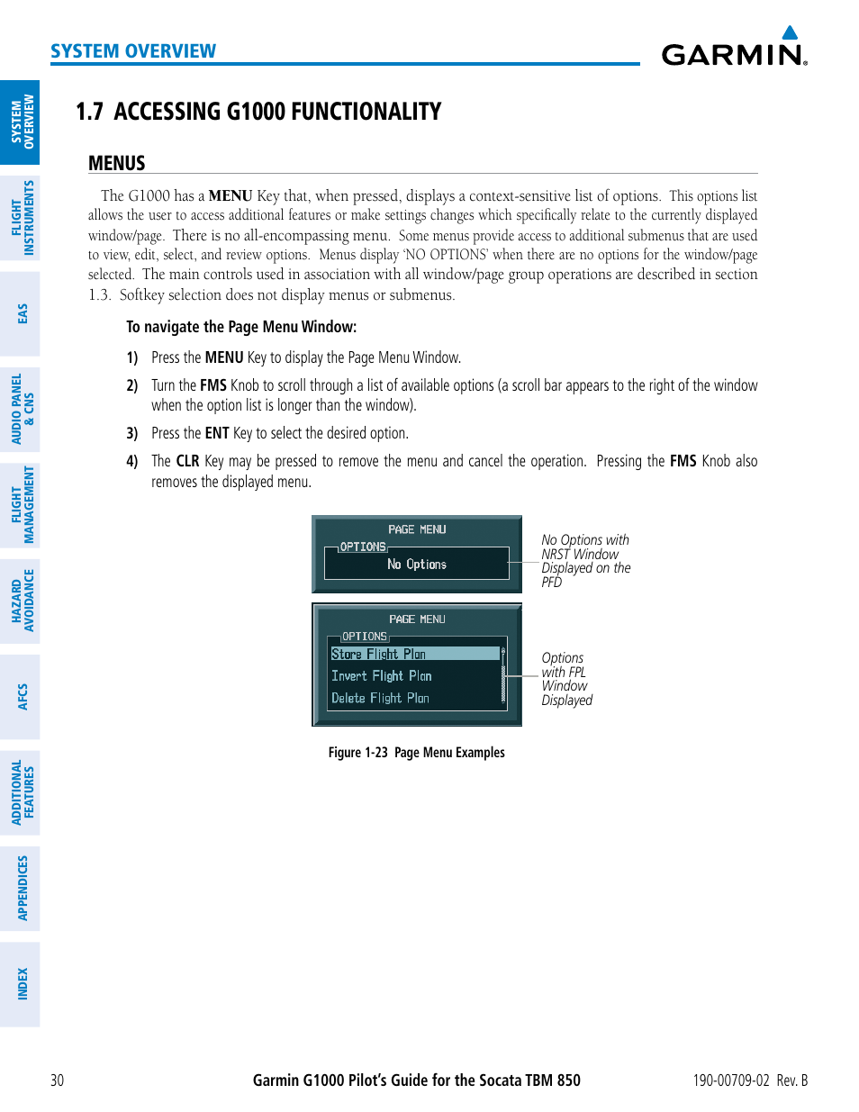 7 accessing g1000 functionality, Menus, System overview | Garmin G1000 Socata TBM 850 User Manual | Page 44 / 600