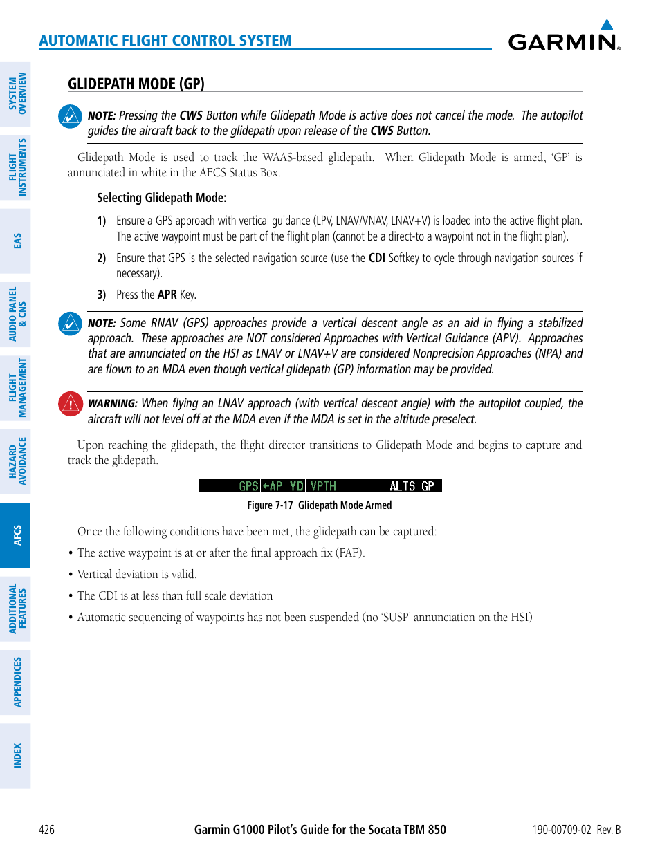 Glidepath mode (gp), Automatic flight control system | Garmin G1000 Socata TBM 850 User Manual | Page 440 / 600