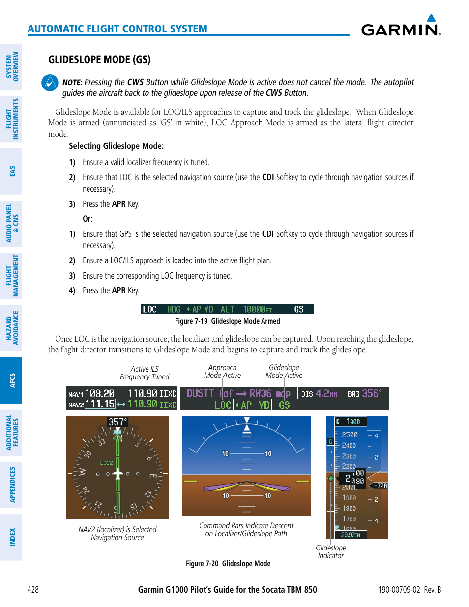 Glideslope mode (gs), Automatic flight control system | Garmin G1000 Socata TBM 850 User Manual | Page 442 / 600