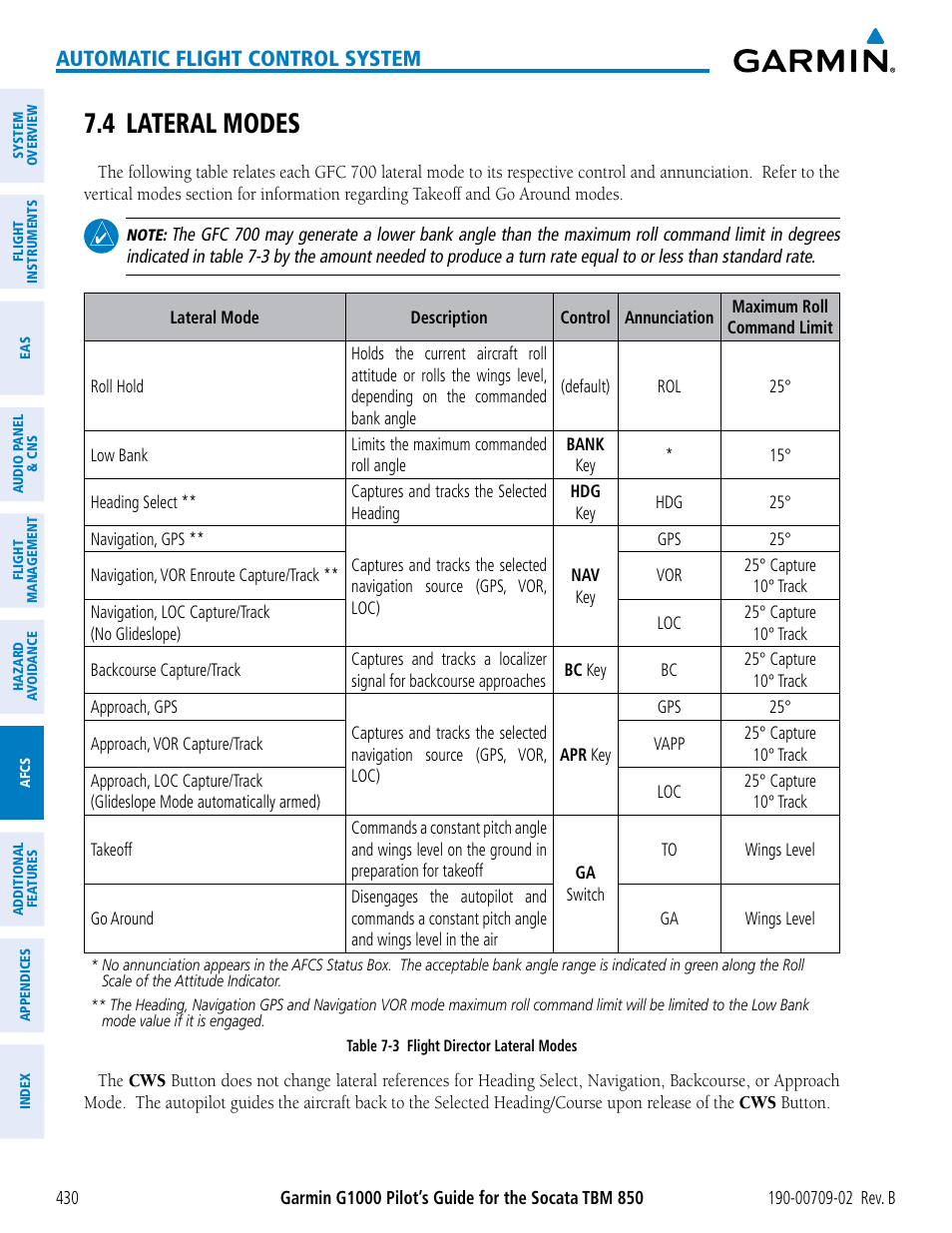 4 lateral modes, Automatic flight control system | Garmin G1000 Socata TBM 850 User Manual | Page 444 / 600