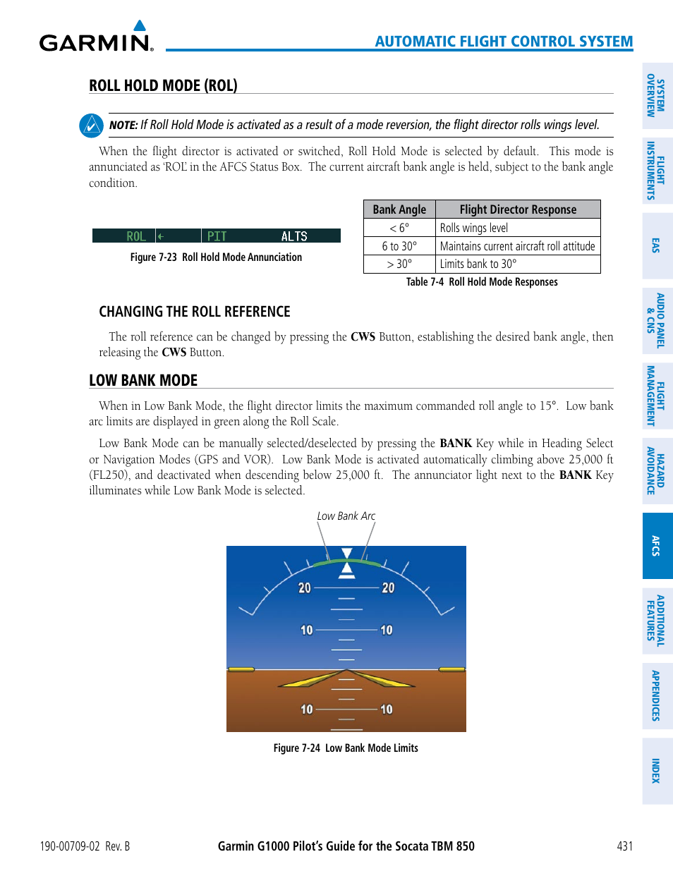 Roll hold mode (rol), Low bank mode, Automatic flight control system | Changing the roll reference | Garmin G1000 Socata TBM 850 User Manual | Page 445 / 600