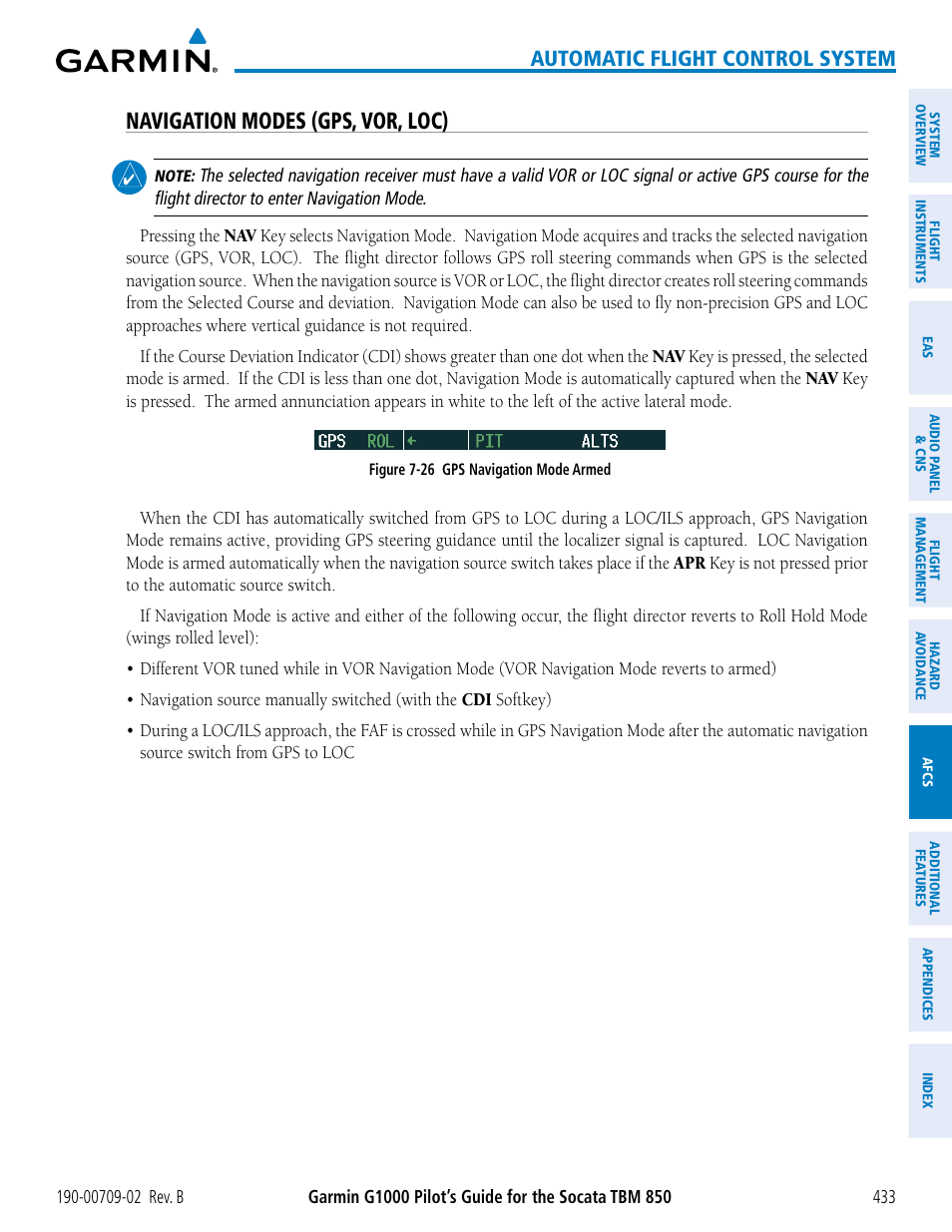 Navigation modes (gps, vor, loc), Automatic flight control system | Garmin G1000 Socata TBM 850 User Manual | Page 447 / 600