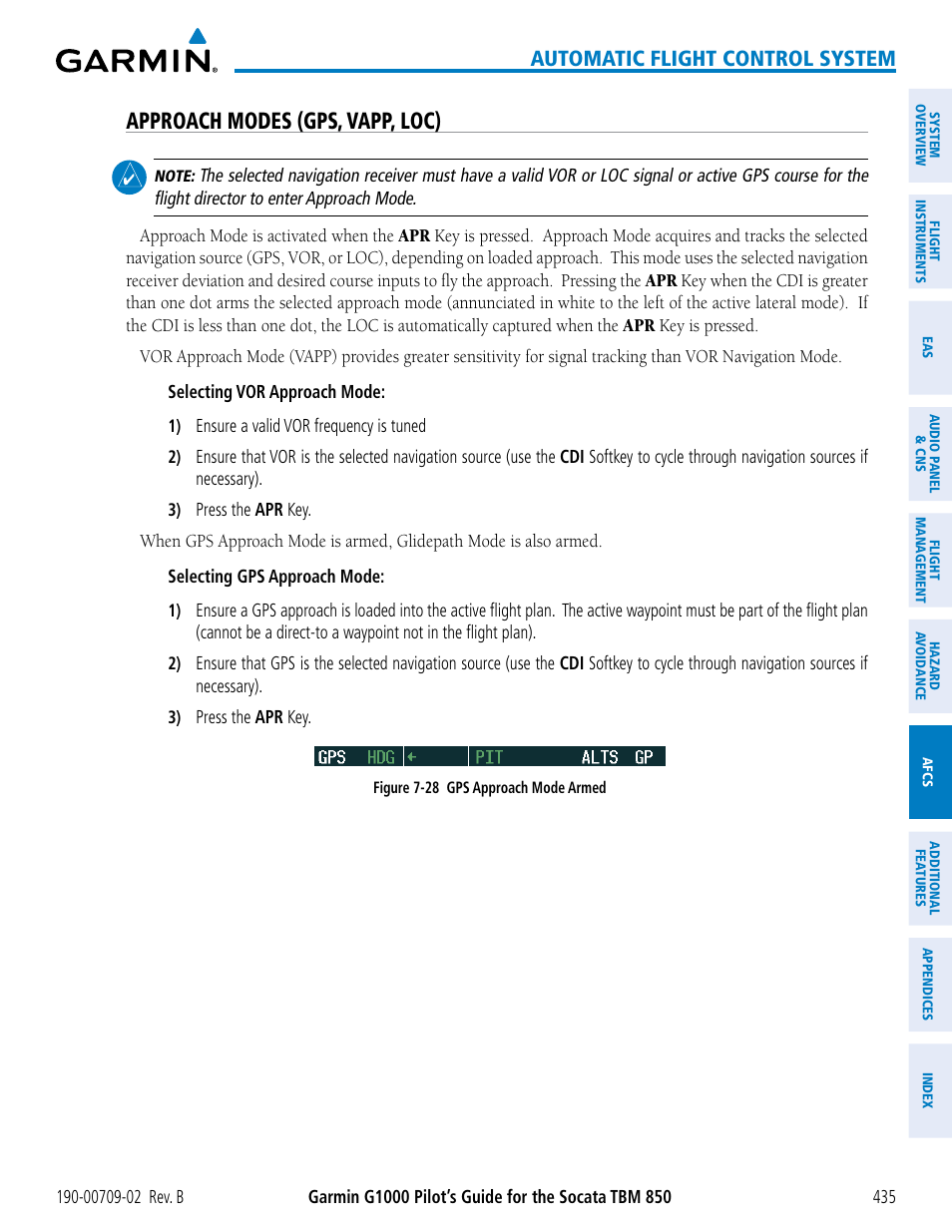 Approach modes (gps, vapp, loc), Automatic flight control system | Garmin G1000 Socata TBM 850 User Manual | Page 449 / 600