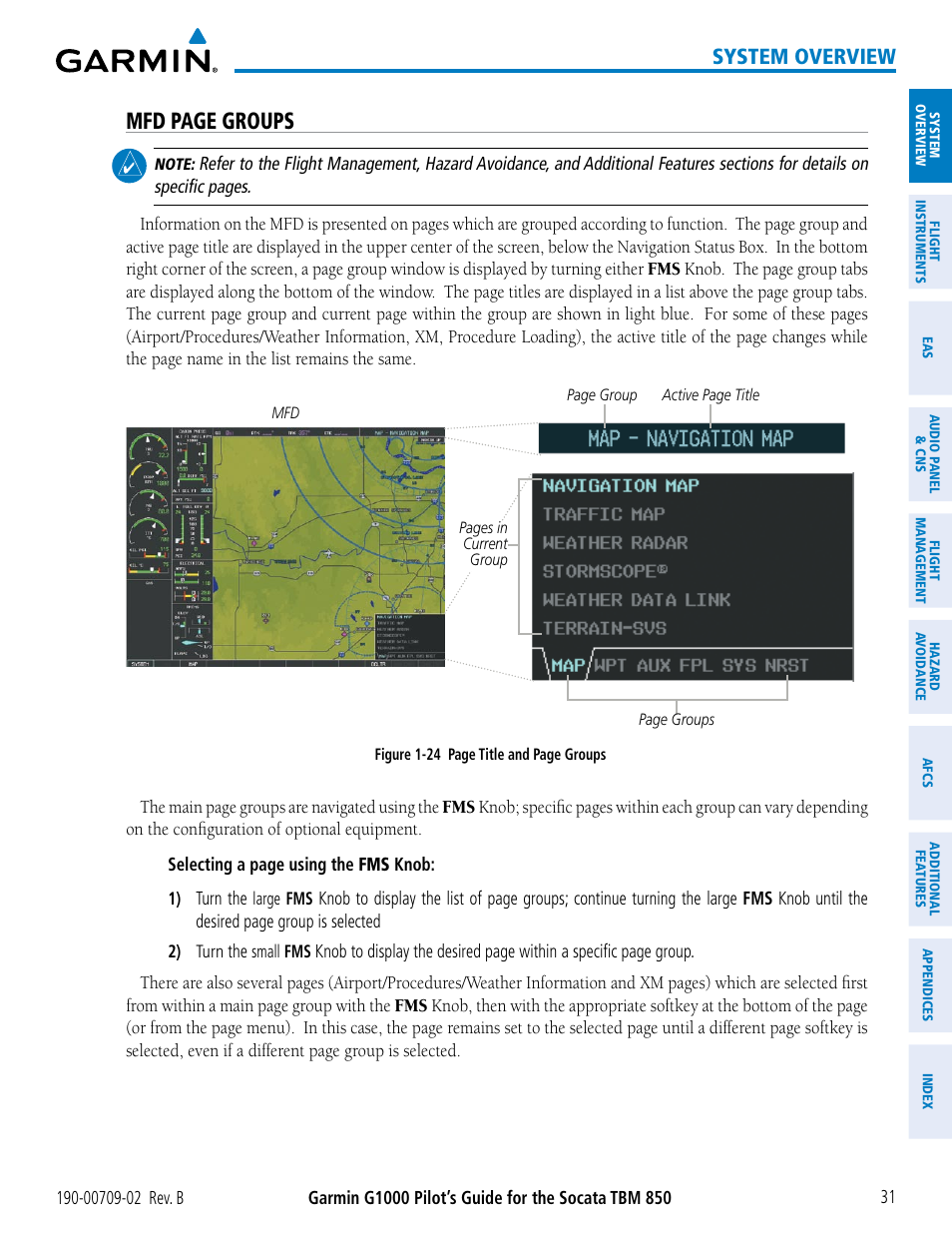 Mfd page groups, System overview | Garmin G1000 Socata TBM 850 User Manual | Page 45 / 600