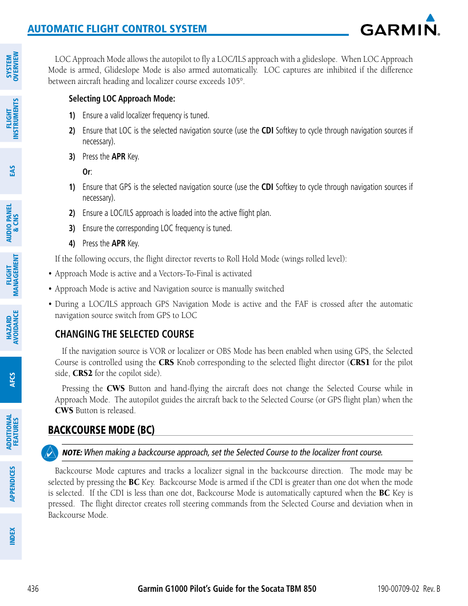 Backcourse mode (bc), Automatic flight control system, Changing the selected course | Garmin G1000 Socata TBM 850 User Manual | Page 450 / 600