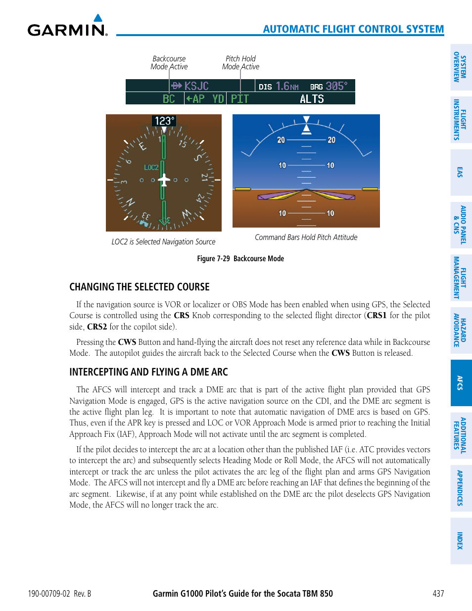 Automatic flight control system, Changing the selected course, Intercepting and flying a dme arc | Garmin G1000 Socata TBM 850 User Manual | Page 451 / 600