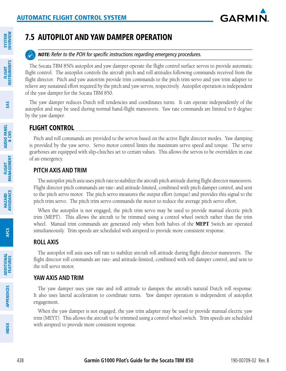 5 autopilot and yaw damper operation, Flight control, Automatic flight control system | Pitch axis and trim, Roll axis, Yaw axis and trim | Garmin G1000 Socata TBM 850 User Manual | Page 452 / 600