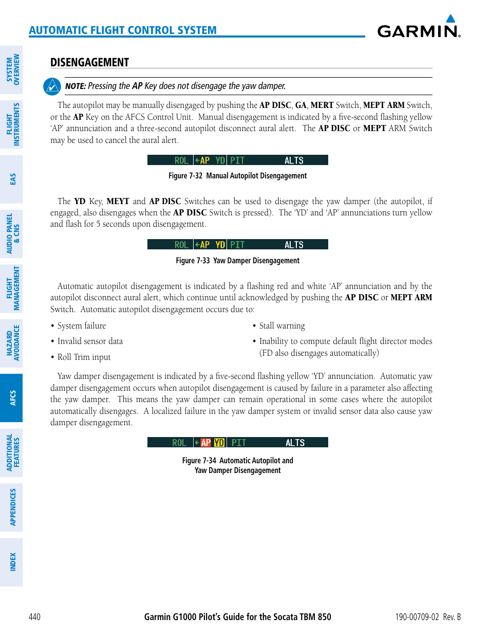 Disengagement, Automatic flight control system | Garmin G1000 Socata TBM 850 User Manual | Page 454 / 600