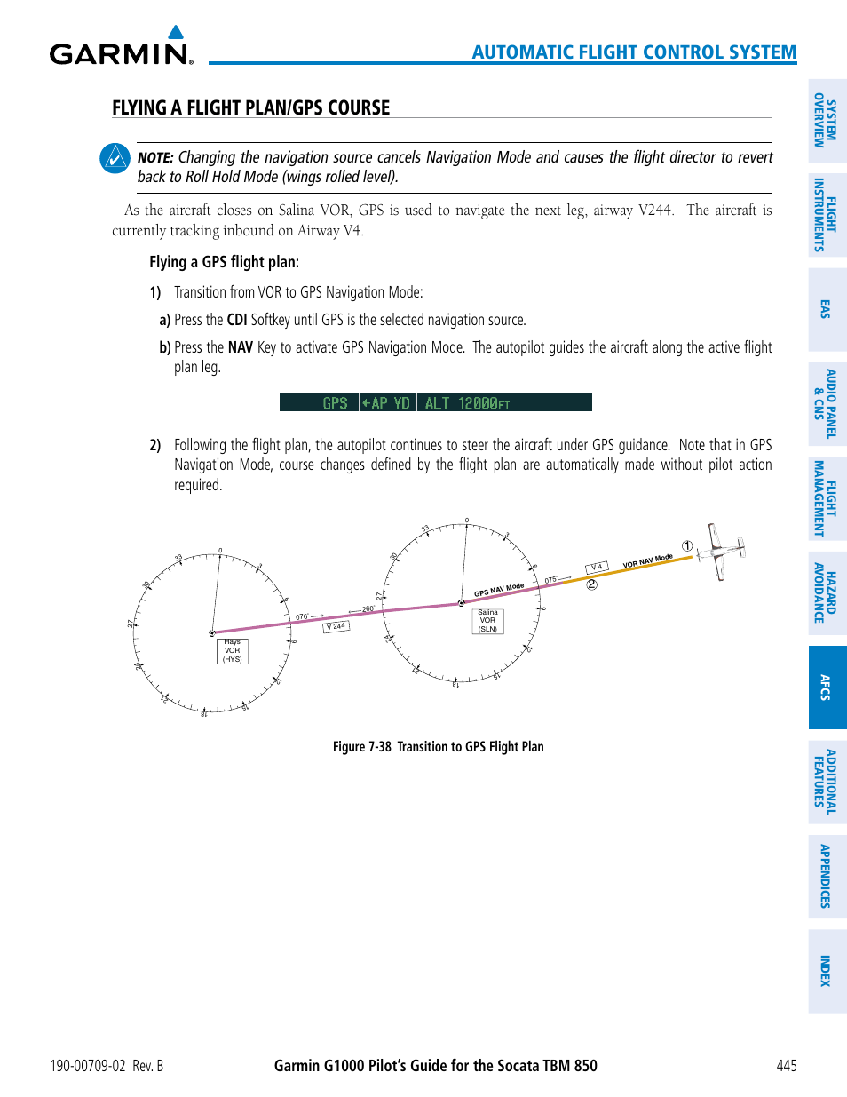 Flying a flight plan/gps course, Automatic flight control system, Transition from vor to gps navigation mode | Figure 7-38 transition to gps flight plan | Garmin G1000 Socata TBM 850 User Manual | Page 459 / 600