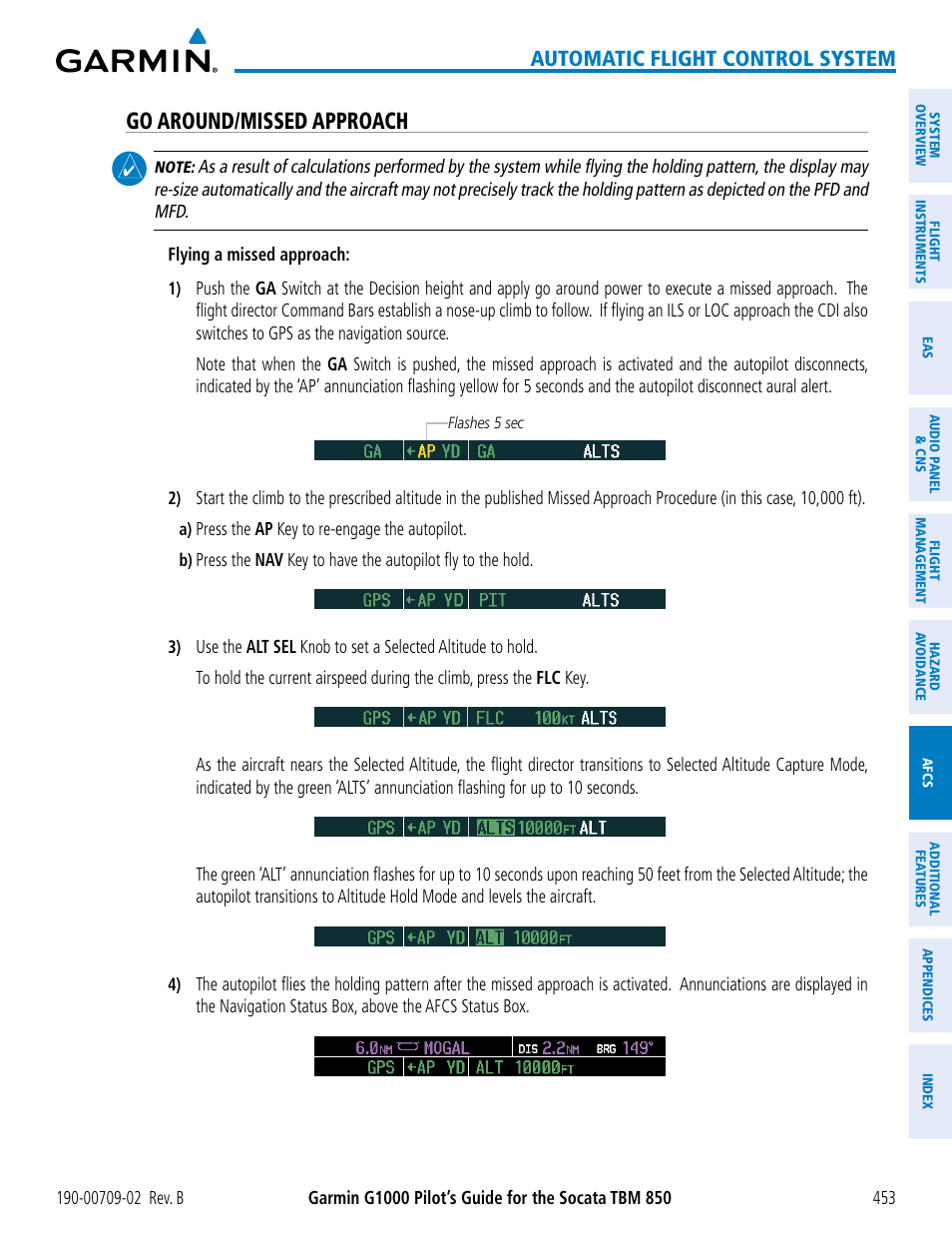 Go around/missed approach, Automatic flight control system | Garmin G1000 Socata TBM 850 User Manual | Page 467 / 600