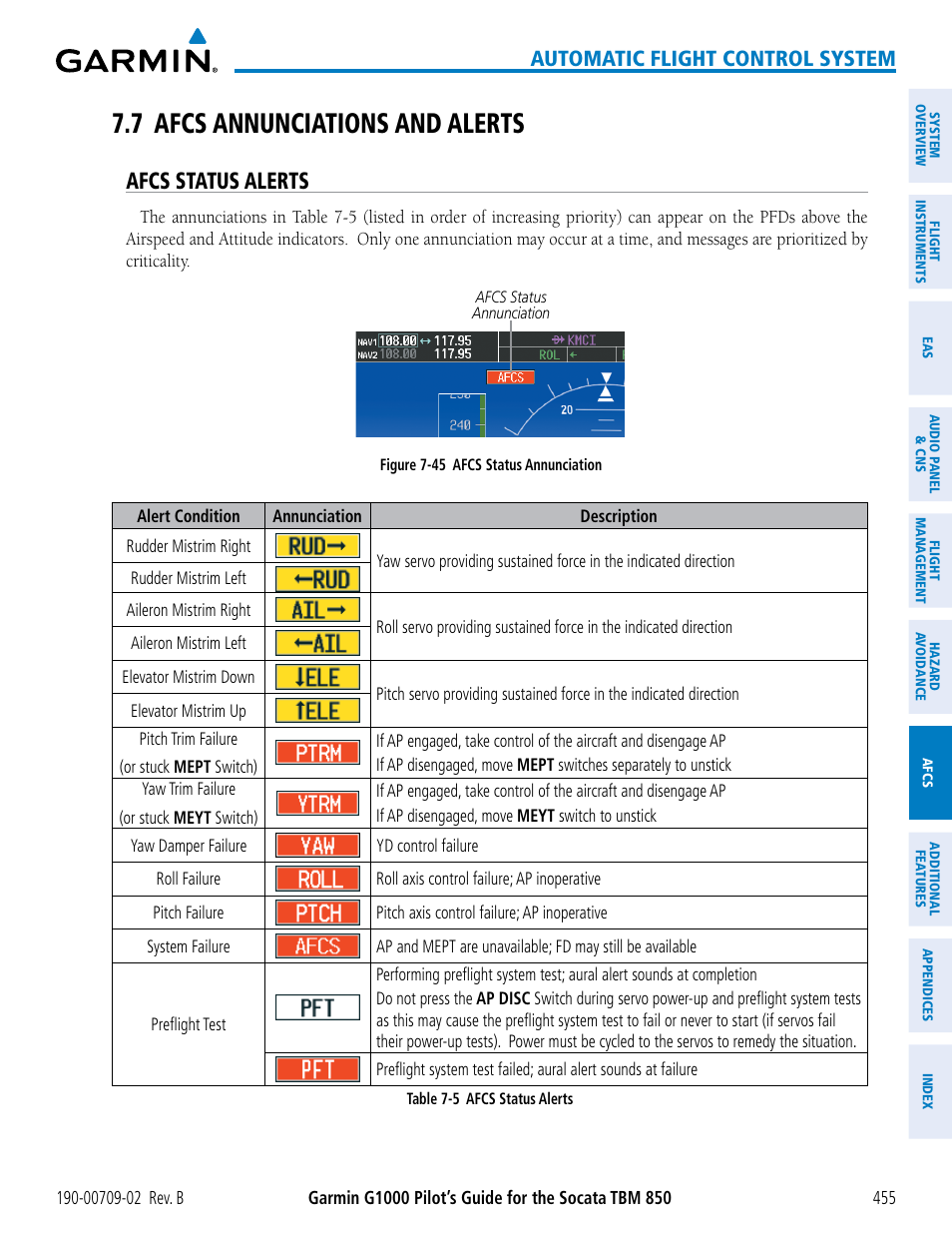 7 afcs annunciations and alerts, Afcs status alerts, Automatic flight control system | Garmin G1000 Socata TBM 850 User Manual | Page 469 / 600