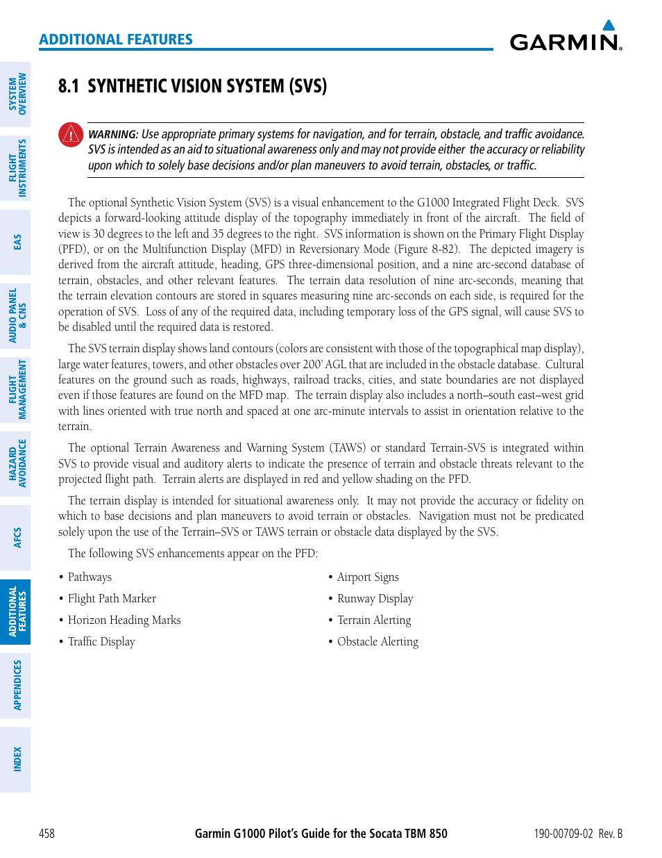 1 synthetic vision system (svs), Additional features | Garmin G1000 Socata TBM 850 User Manual | Page 472 / 600