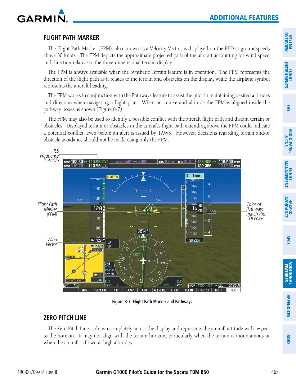 Additional features, Flight path marker, Zero pitch line | Garmin G1000 Socata TBM 850 User Manual | Page 479 / 600