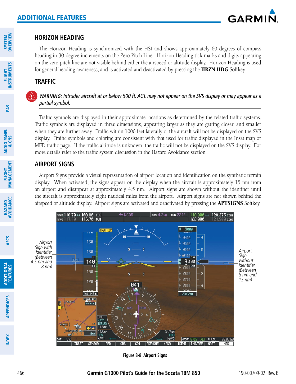 Additional features, Horizon heading, Traffic | Airport signs | Garmin G1000 Socata TBM 850 User Manual | Page 480 / 600