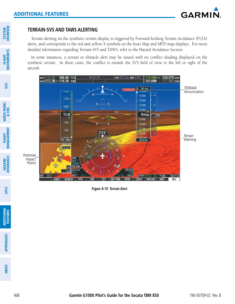 Additional features, Terrain-svs and taws alerting | Garmin G1000 Socata TBM 850 User Manual | Page 482 / 600