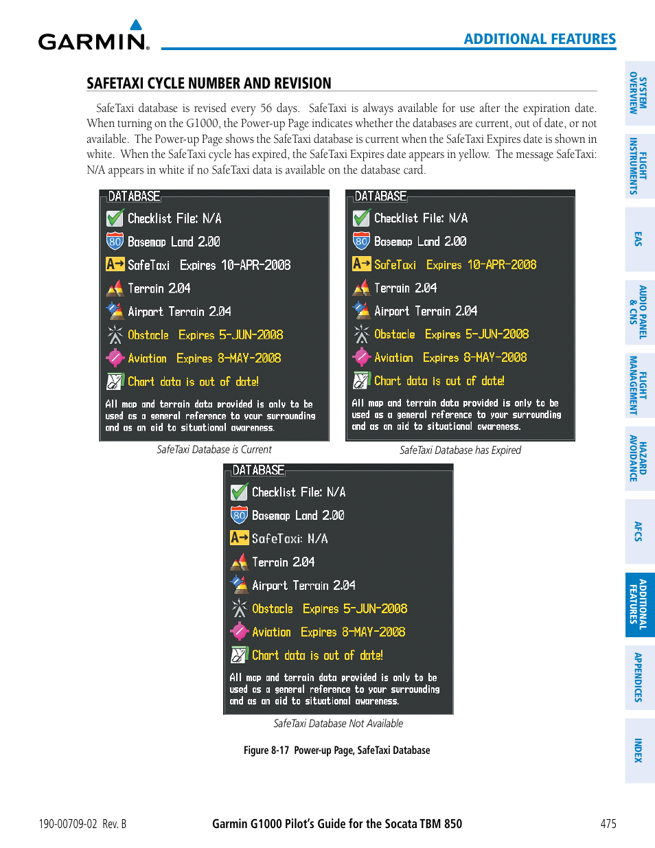 Safetaxi cycle number and revision, Additional features | Garmin G1000 Socata TBM 850 User Manual | Page 489 / 600