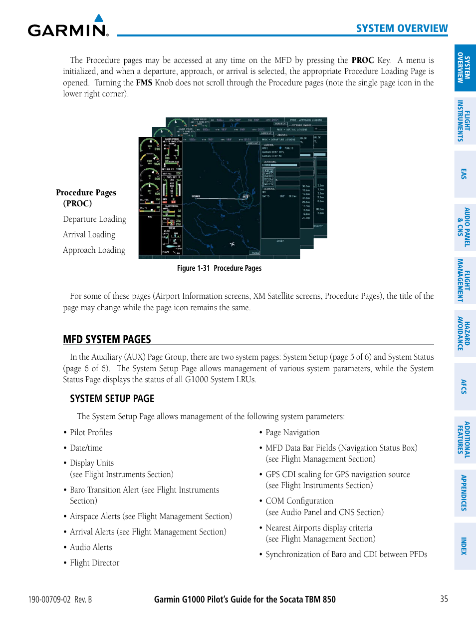 Mfd system pages, System overview, System setup page | Garmin G1000 Socata TBM 850 User Manual | Page 49 / 600