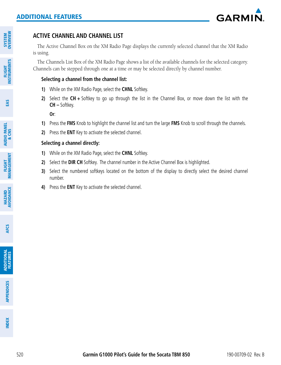 Additional features, Active channel and channel list | Garmin G1000 Socata TBM 850 User Manual | Page 534 / 600