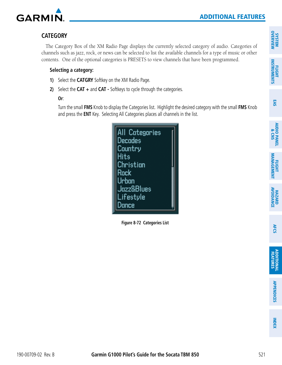 Additional features, Category | Garmin G1000 Socata TBM 850 User Manual | Page 535 / 600